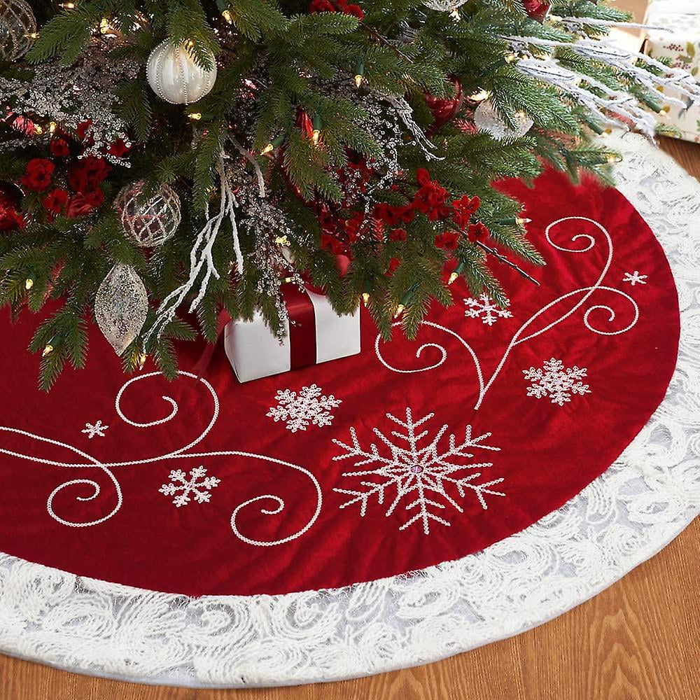 48 inch red Christmas tree skirt snow sequin embroidery with white trim