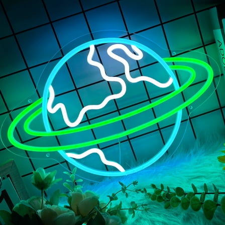 Earth Neon Sign for Wall Decor, Planet Led Signs, Dimmable Neon Light Sign for Bedroom, Game Room, Living Room, Bar Decoration, USB Powered Light Up Signs for Man Cave