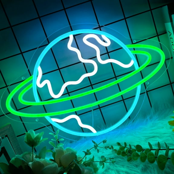 Earth Neon Sign for Wall Decor, Planet Led Signs, Dimmable Neon Light Sign for Bedroom, Game Room, Living Room, Bar Decoration, USB Powered Light Up Signs for Man Cave