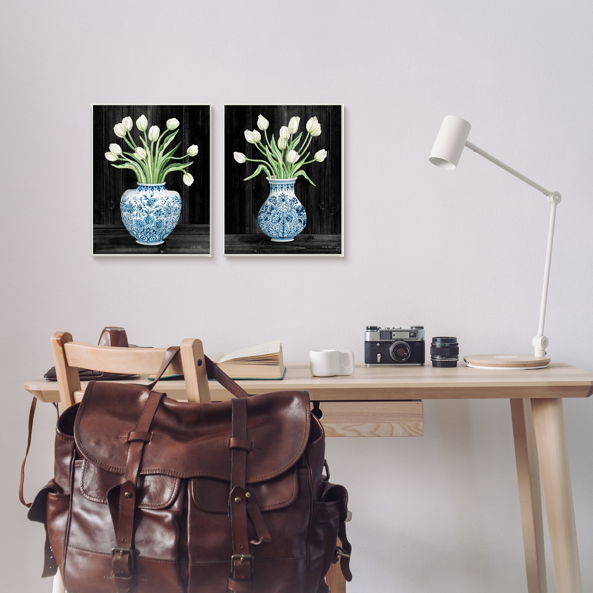 Cindy Jacobs White Tulips Chinese Ceramic Urn Patterned Porcelain 13" x 19" Framed Painting Art Prints, by Stupell Home Décor Set of 2
