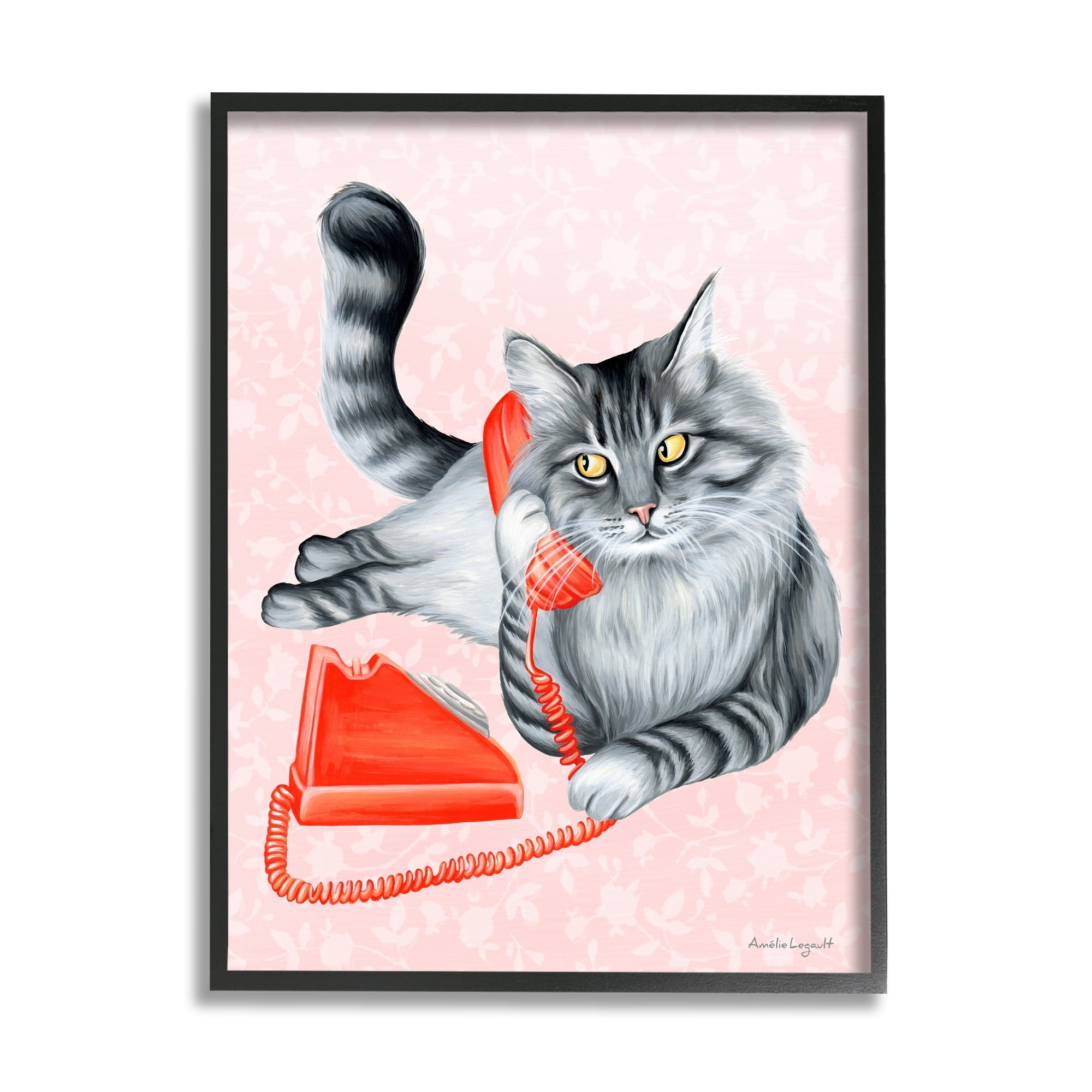 Stupell Industries Expressive Manx Cat Vintage Telephone Botanical Pattern Graphic Art Black Framed Art Print Wall Art, Design by Amelie Legault