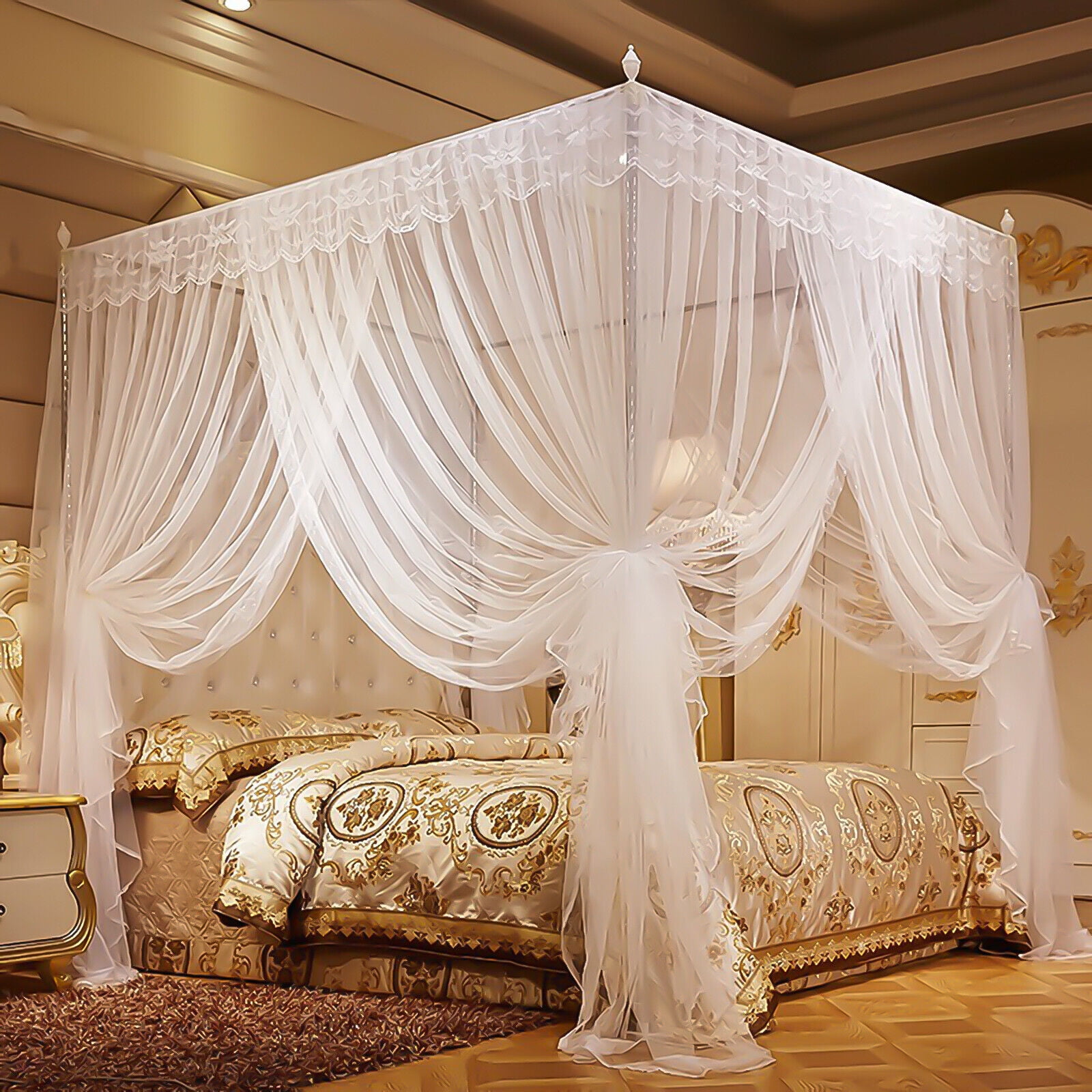WOOW DEPOT 4 Corners Bed Mosquito Netting Canopy Frame Stainless Steel Post Twin Full Queen King Size