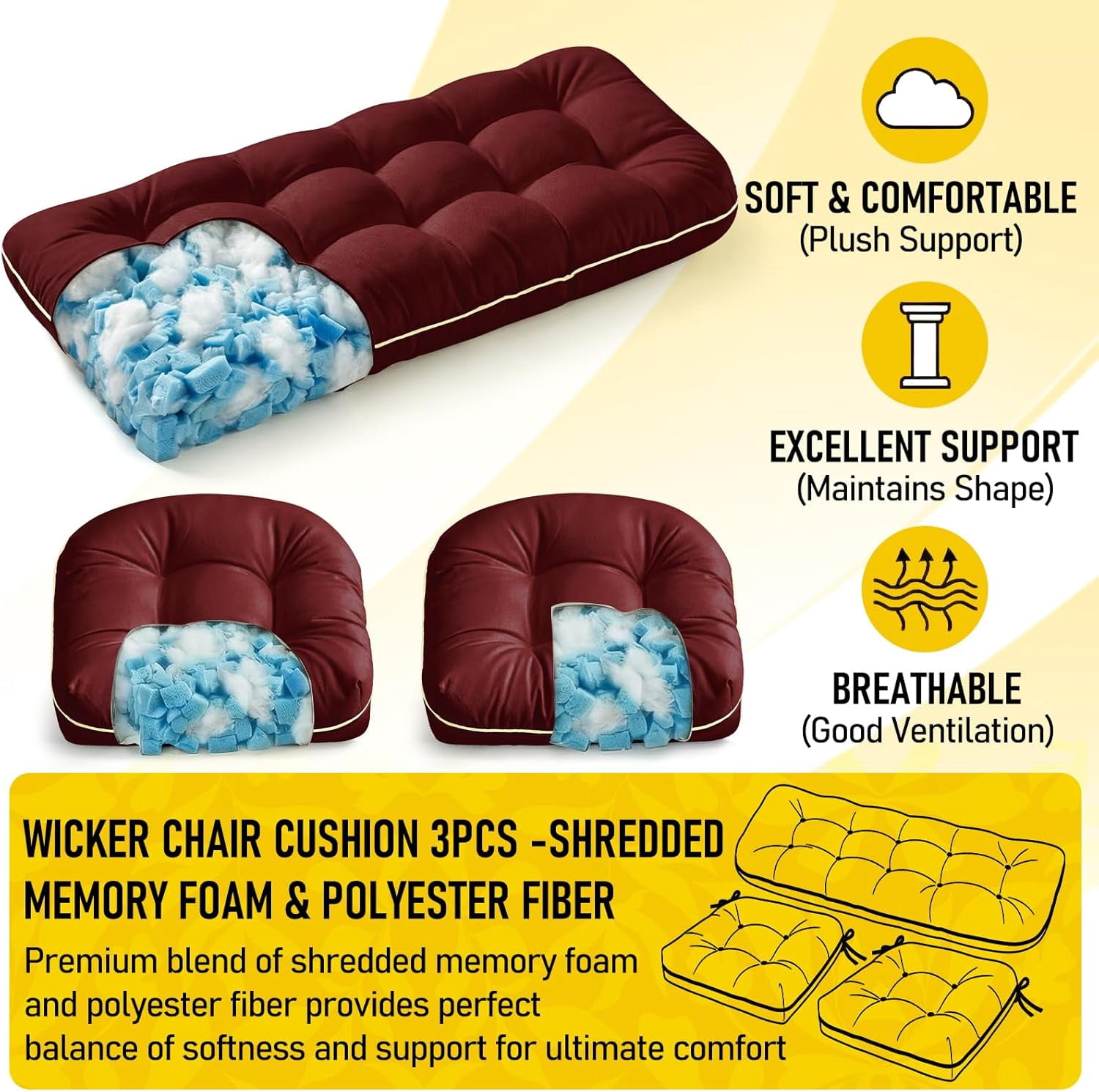 Wicker Chair Cushions 3 Pieces Set for Outdoor Furniture, Replacement Patio Wicker Furniture Cushions, 1Pc Loveseat Cushion & 2Pcs Chair Cushions (Burgundy)