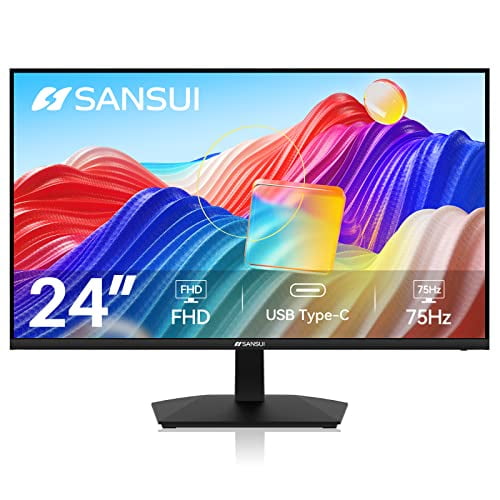 SANSUI Monitor 24 inch 1080p FHD USB Type-C PC Monitor Eye-Care Ultra-Slim 75Hz with Built-in Speakers Headphones HDMI VGA for Home and Office Black 2022 (ES-24F1 Canada Model)