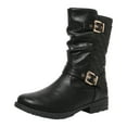 thumbnail image 1 of Women's Mid Calf Combat Riding Boots Trendy Leather Buckles Side Zipper Winter Fall Slouchy Boots for Women, 1 of 6