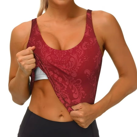 Qokaie Vintage Burgundy Pattern Womens Scoop Neck Sports Bra Breathable Workout Vest Padded U Back Medium Impact Fitness Gym Yoga Bra Workout Crop Top