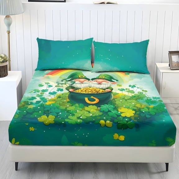 COEQINE Twin Size Sheet Set Soft Wrinkle Free 3 Pieces Bed Sheets Set with Deep Pocket Bedsheet & Pillowcases Home Decor for Twin Size Bed for St. Patrick's Day Decor, Gnome Clover Green