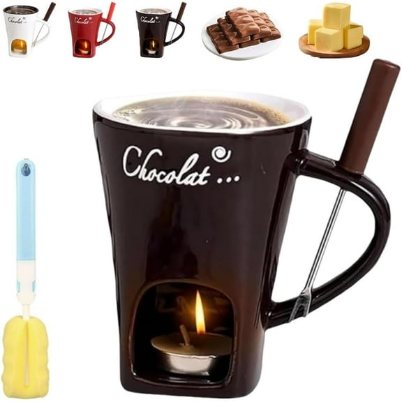Chocolate Fondue Mug,Mini Ceramic Fondue Cup with Forks and Candle,Perfect as Fondue Mug or Chocolate Fondue Mug - Ideal Gifts for Birthday, Wedding, Mini Simmer Mug