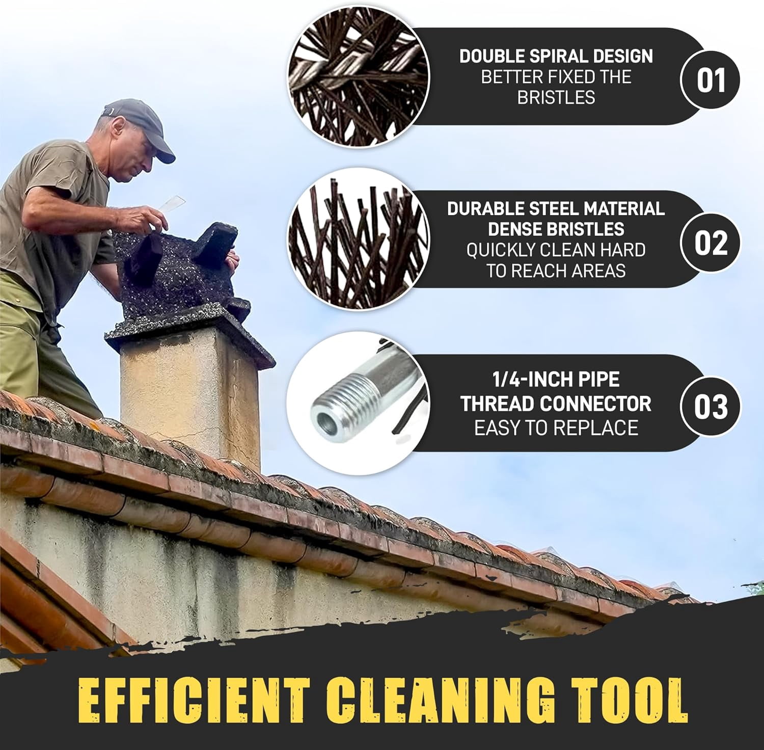 7" Round Medium-Duty Poly Chimney Brush - Flexible Prostran Bristles - 3/8" Male NPT Thread - Ideal for Prefab Fireplaces and Metal Pipes - Efficient Creosote Removal