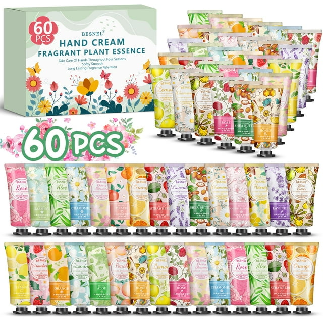 Set de crema de manos BESNEL, paquete de 60 unidades, tamaño de viaje para mujer, con bolsa
