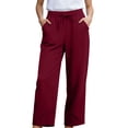 thumbnail image 5 of TZZQ Linen Capris Pants for Women Petite Beach Pants Straight Wide Leg Casual Drawstring Elastic Waist Cropped Trousers with Pockets Loose Comfy Summer Tulip-Hem Ankle Length Trousers Wine M, 5 of 9