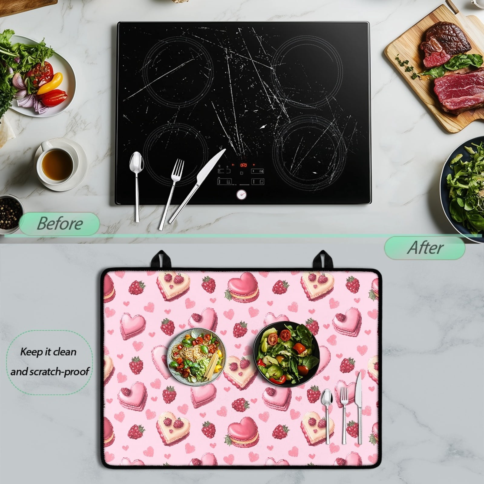 SEANATIVE Stove Top Cover for Gas Stove Foldable Ceramic Top Stove Cover Heat Resistant Glass Cooktop Cover Washer Dryer Top Mat Range Cover, Berry Love Heart Shaped Cake Pink Valentine's Day