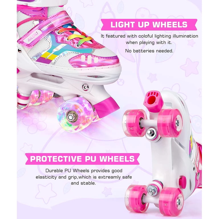 LEJIJIT Adjustable Roller Skates For Girls - Light-Up Wheels, 4 Sizes (Medium 1-4 US)