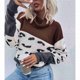 thumbnail image 3 of Suéter de mujer Estampado de leopardo Color de contraste Cuello alto Mangas de hombro caído Suéter Marrón S, 3 of 7