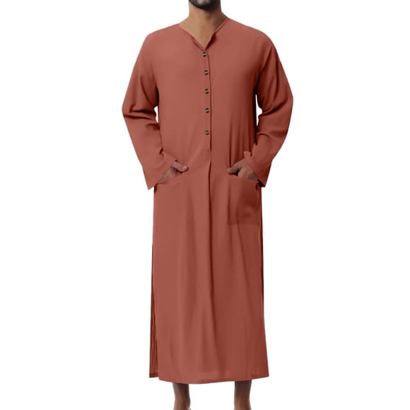 Lovzfmll Men's Long Sleeve Solid Color Button Muslim Thobe, Islamic Jubba Robe with Traditional Design for Prayer Orange, M
