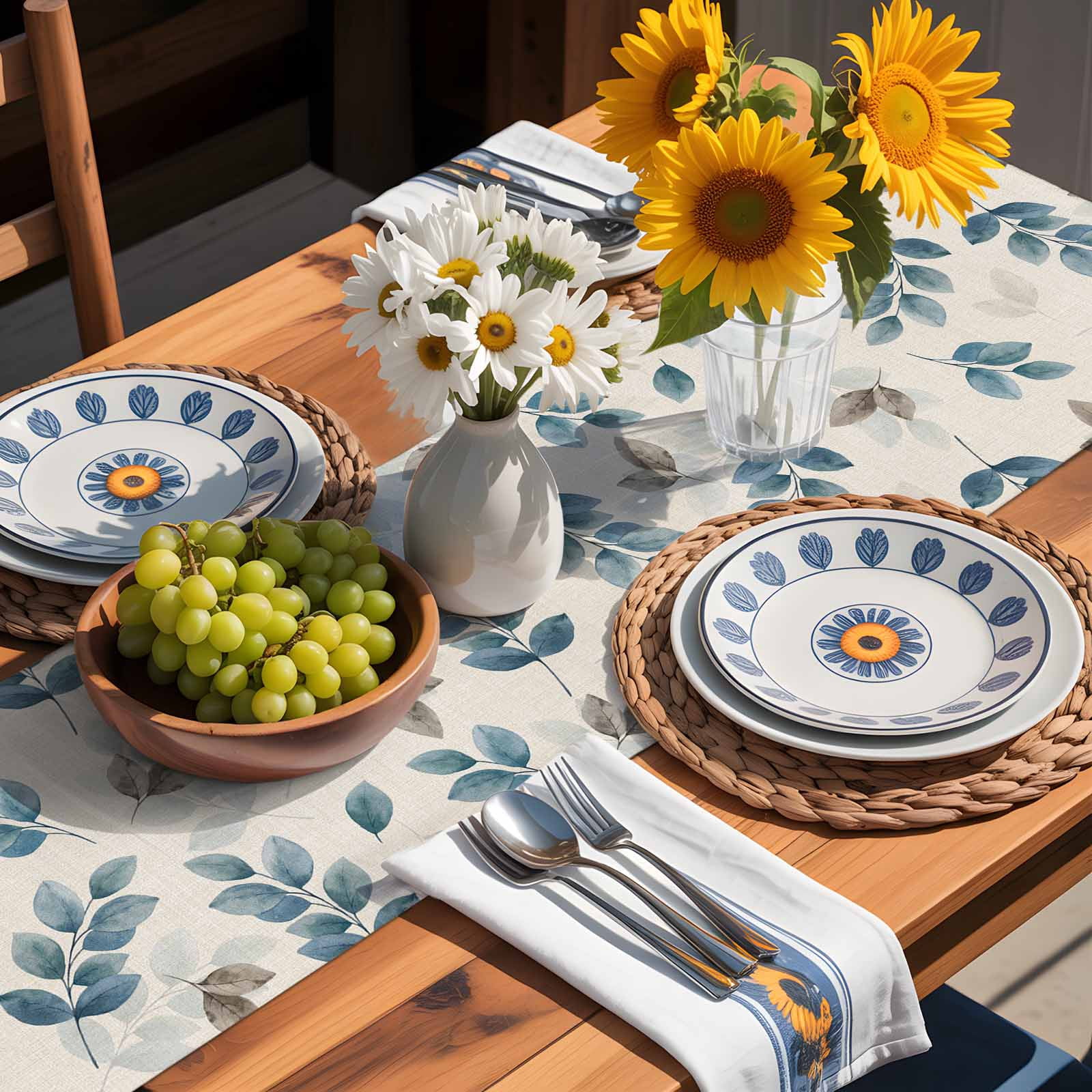 Watercolor Eucalyptus Leaves Blue Grey Table Runner 90 Inches Long, Country Botanical Retro Linen Table Runners Tabletop Scarf Kitchen Dining Tables Decoration for Home Party Indoor Outdoor