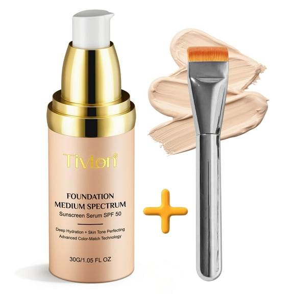Tivlon Foundation Medium Spectrum,Concealing Foundation with Cosmetic Brush, Long-Lasting Makeup Setting with SPF 50 Protection,1.05 fl.oz
