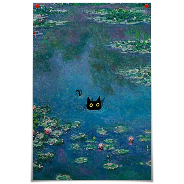 Lienzo vintage de Monet para pared, famosas pinturas al óleo, Monets, lirios de agua, póster de gato negro, estampado floral de gato divertido, galería abstracta de granja, decoración estética de la h