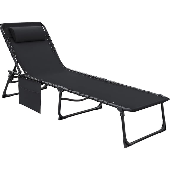 YYEAN Foldable Chaise Lounge Chair 5-Position Adjustable, Tanning Chair with Side Pocket, Outdoor Sunbathing for Pool, Beach, Patio, Lawn, Indoor Recliner Chair for Napping-Black