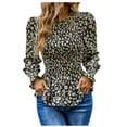 thumbnail image 2 of OKBOP Tank Tops for Women,Round- Neck Floral Print Elastic Waist Pleated Bell Sleeves Lace Lap Long Sleeve Womens Plus Size Blouses Tshirt, 2 of 9