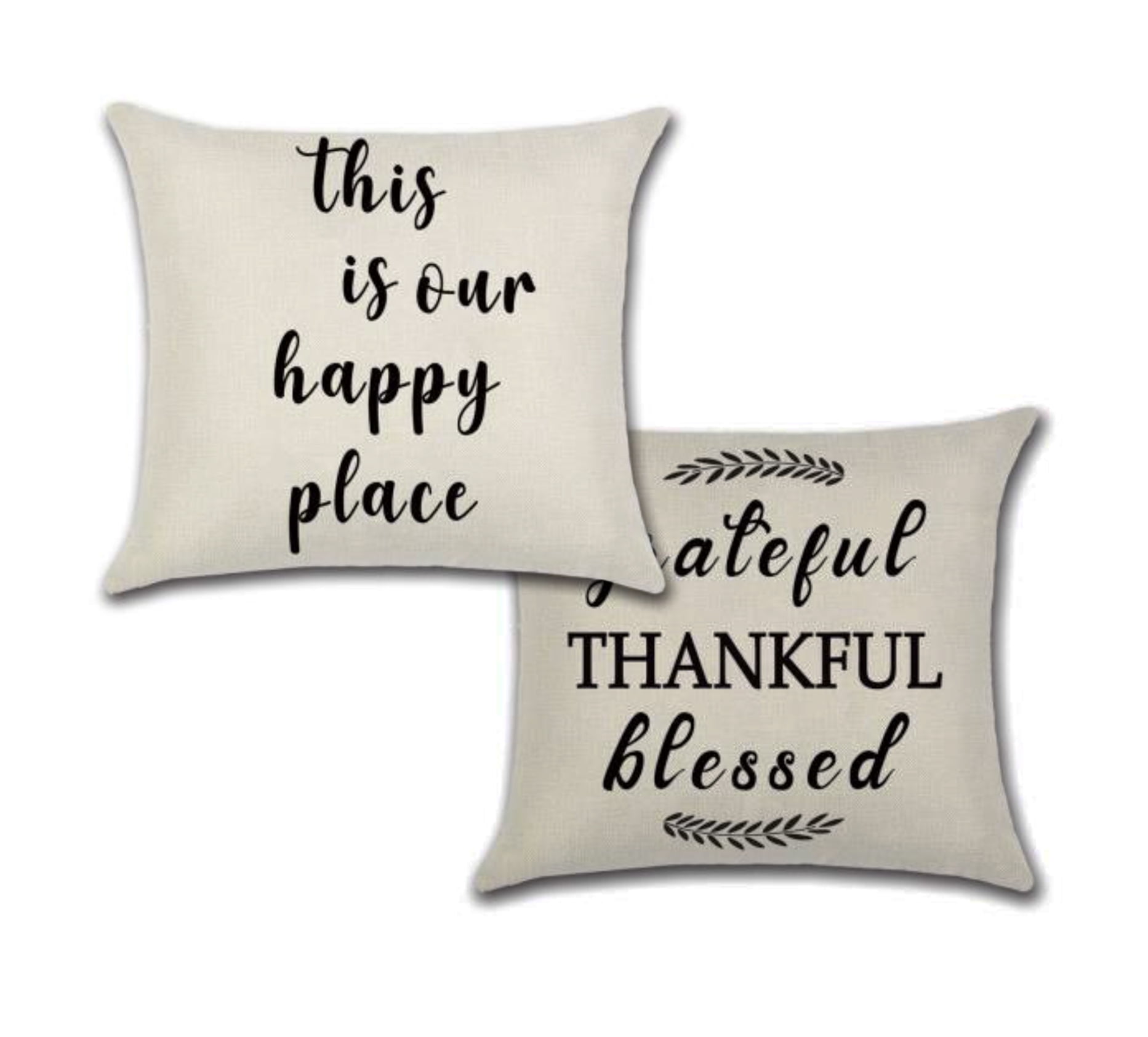 Set of 2 Pillow Covers 18x18, Happy Place and Grateful Thankful Blessed Design / Cotton Linen Fabric Decorative Indoor / Outdoor Throw Pillow Case Set 45x45cm