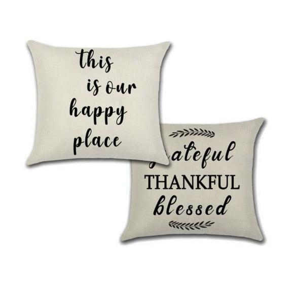 Set of 2 Pillow Covers 18x18, Happy Place and Grateful Thankful Blessed Design / Cotton Linen Fabric Decorative Indoor / Outdoor Throw Pillow Case Set 45x45cm