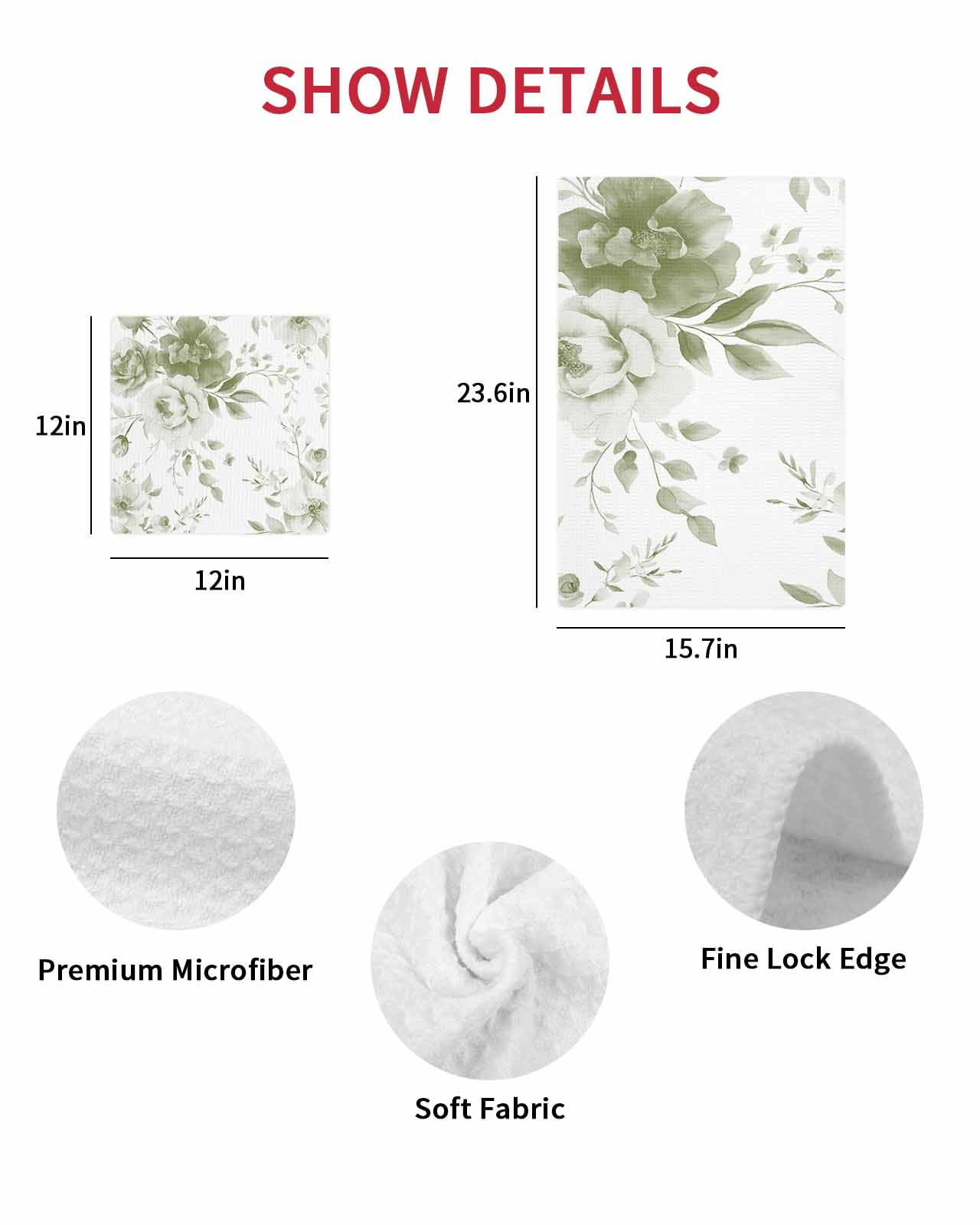 Green Floral Art Kitchen Dish Towels for Drying Dishes Set of 2, Watercolor Botanical Spring Flowers Waffle Weave Microfiber Terry Hand Tea Bathroom Towels Quick Dry & Absorbent Towel 15.7x23.6