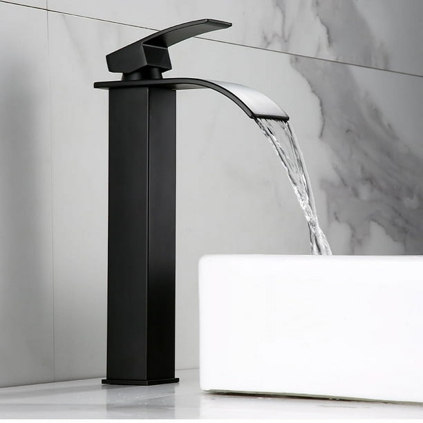 Grifo de baño con caño de cascada alto negro, grifos de lavabo de tocador de baño de una sola manija, grifo de recipiente para fregadero de 1 orificio, grifo de lavabo con mangueras de sumin
