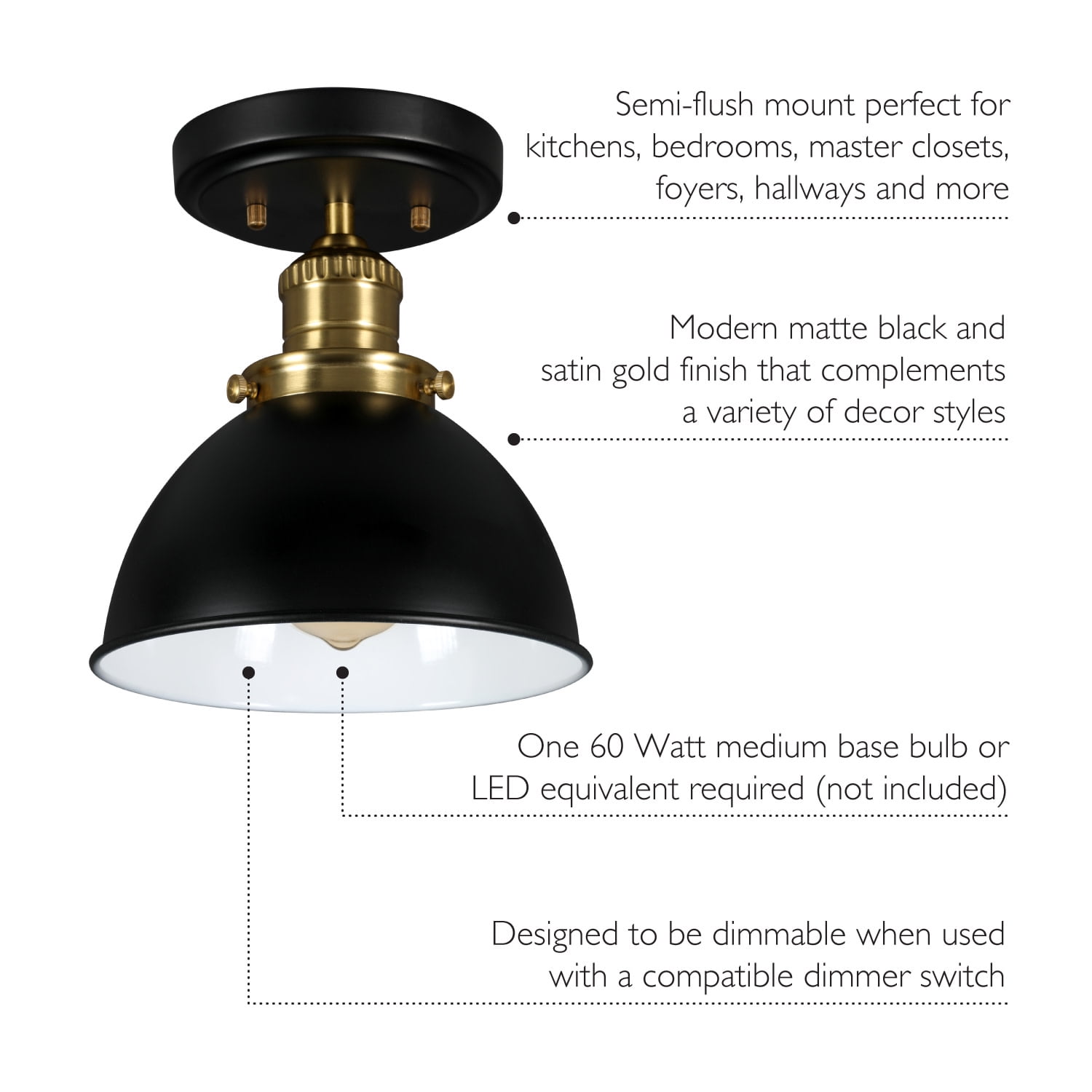 Design House Savannah Farmhouse Matte Black/Satin Gold 1 Light Indoor Semi-Flush Mount Dimmable Ceiling Light with Metal Shade