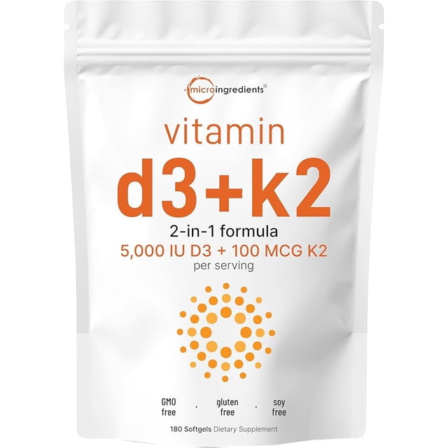 Vitamin D3 5000 IU + Vitamin K2 MK-7 100 mcg (180 softgels) | Liquid with sunflower seed oil | Two-in-one vitamin D and K complex