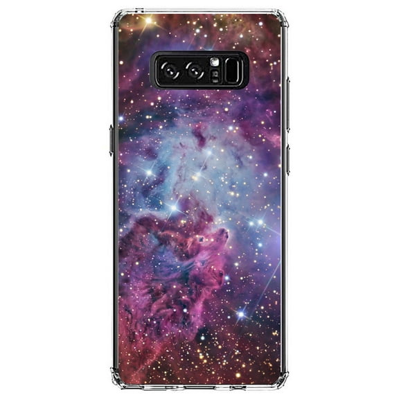 DistinctInk Clear Shockproof Hybrid Case for Samsung Galaxy Note 8 - TPU Bumper, Acrylic Back, Tempered Glass Screen Protector - Pink Purple Blue Fox Fur Nebula - Astronomy