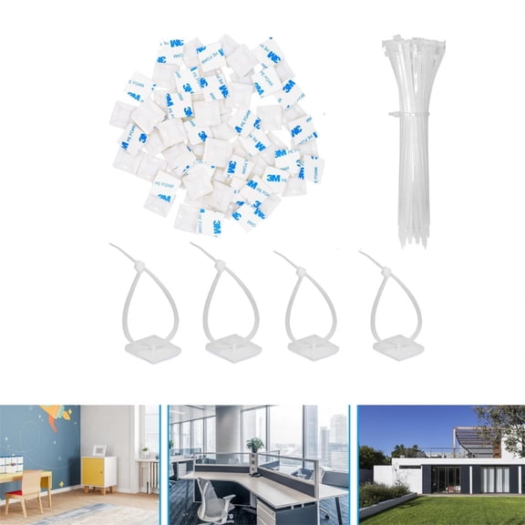 Sticky Wire Organizer Clips Cable Tie Mounting Zip Ties 100pcs Anchors ClipsWhite Durable Adhesive Cable Squares Holders for Living Room Office