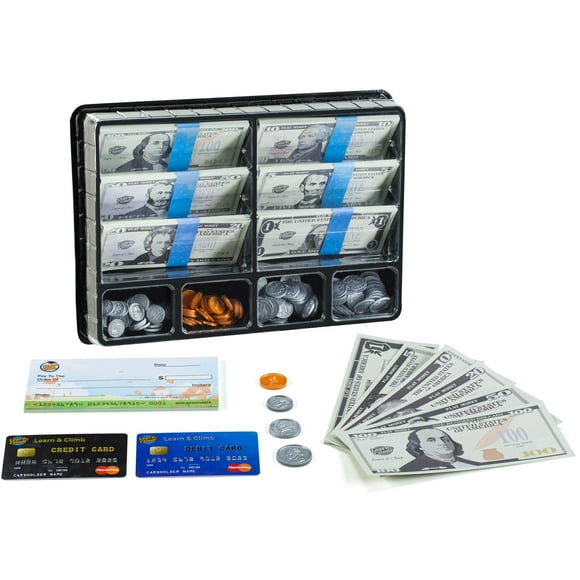 Play Money Set for Kids, Fake Money for Pretend Play - Looks Real, Best Toy Money for Play and Learning - Kit Includes: Bills, Coins, Credit Card, and Checkbook