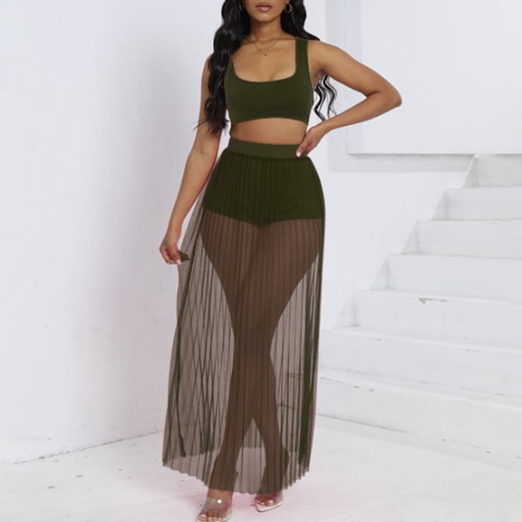 Karymi Summer Tops for Women 2025 3-Piece Outfit, Square Neck Sleeveless Crop Tank Top High Waist Shorts Pleated Sheer Mesh Maxi Skirt, Beach Cover-Up Set 3/4 Length Sleeve Womens Tops