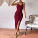 thumbnail image 5 of Vestido de Cóctel Ajustado para Mujer, Sin Mangas, con Tirantes Finos Ajustables, Abertura en la Cintura, Espalda Descubierta y Corte Midi Vino Tinto XS, 5 of 9
