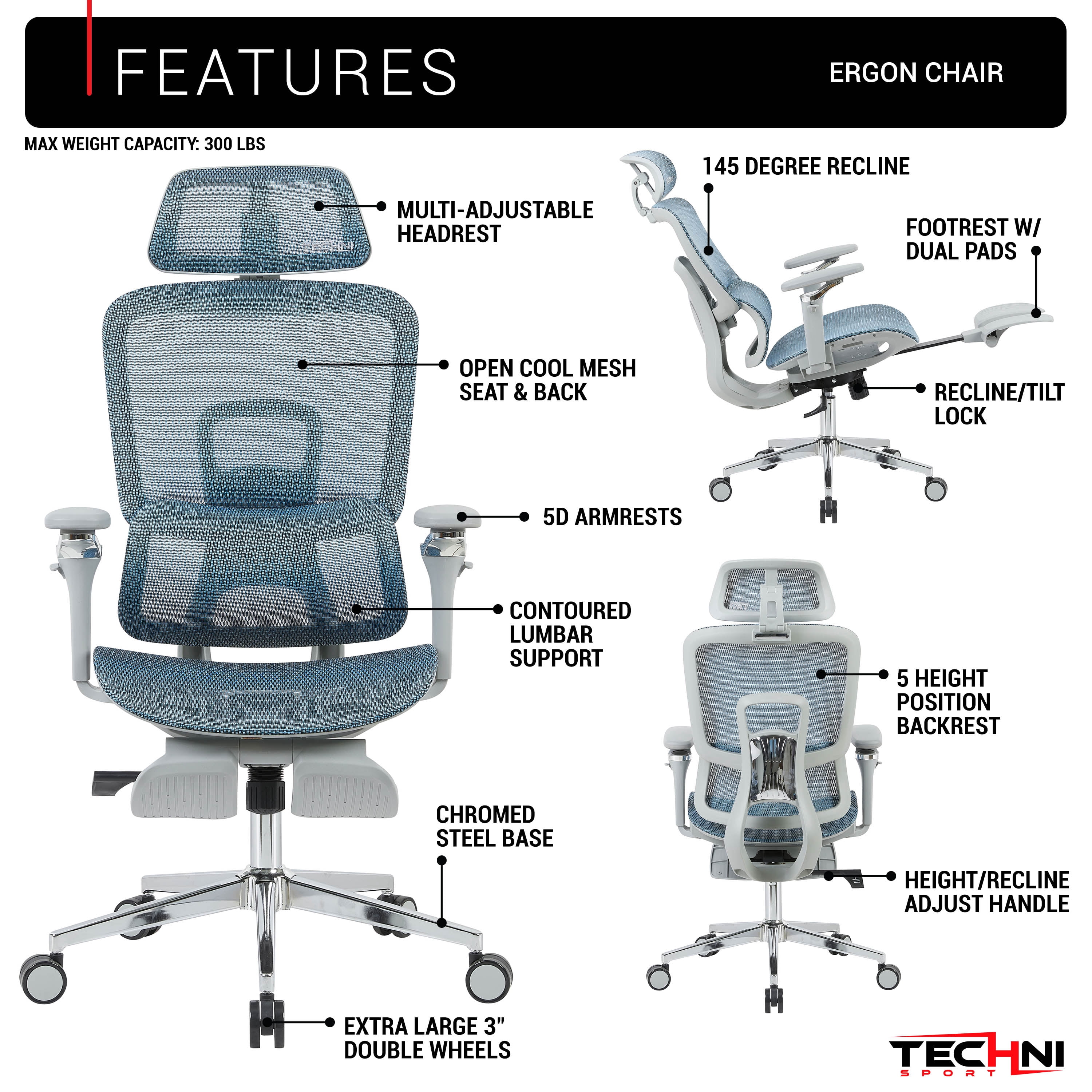 Techni Sport Ergonomic Mesh Office Chair with 5D Armrests & Retractable Footrest