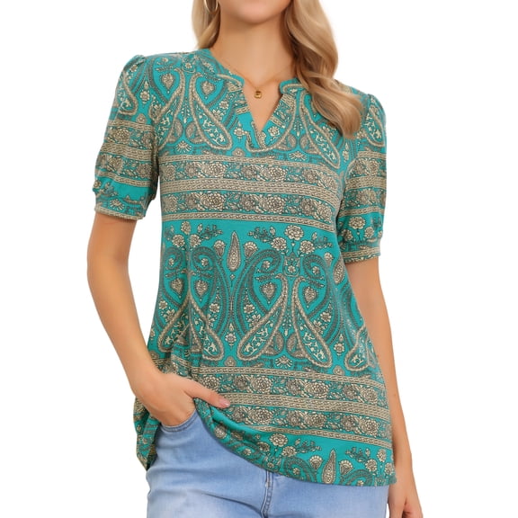 DARING DIVA Women's Boho Short Sleeve Floral Blouse Casual V Neck Shirts XS Blue