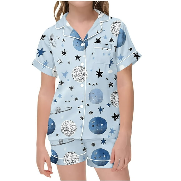 Odeerbi 2-12 Años Niños Niñas Pijama de Verano de Satén Con Solapa de Muesca Camisas de Manga Corta Pantalones Cortos Conjunto de Dos Piezas de Pijama Con Estampado