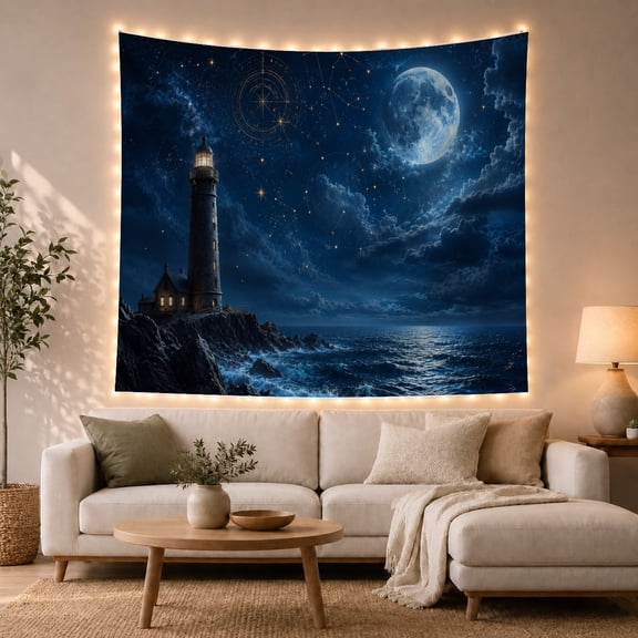 Lighthouse on Rocky Cliff with Full Moon Over Ocean, Mystical Celestial for Night Sky Lovers, Coastal Wall Art Decor, Housewarming Gift, Tapestry Wall Hanging for Bedroom and Living Room