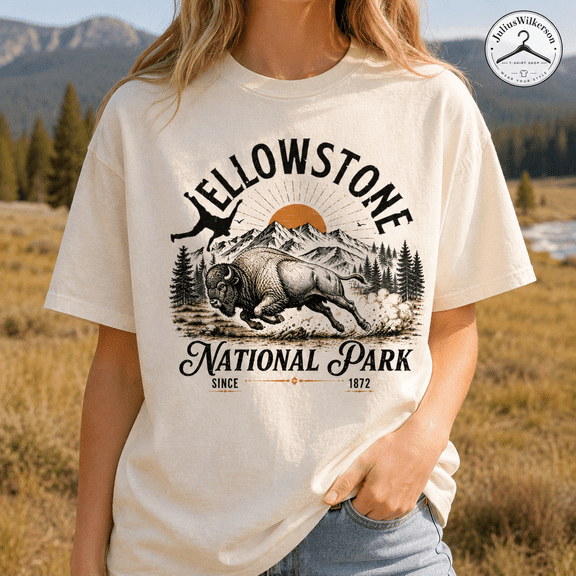 Yellowstone National Park T-Shirt, Vintage Bison Mountain Graphic Tee, Outdoor Camping Hiking Nature Lover Shirt