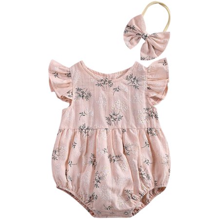 

Newborn Baby Girl Romper Floral Ruffle Sleeveless Jumpsuit Cotton Bodysuit with Headband Summer Clothes Outfit
