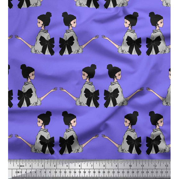 Soimoi Purple Cotton Voile Fabric Bow & Chinese Women Print Fabric by the Yard 42 Inch Wide