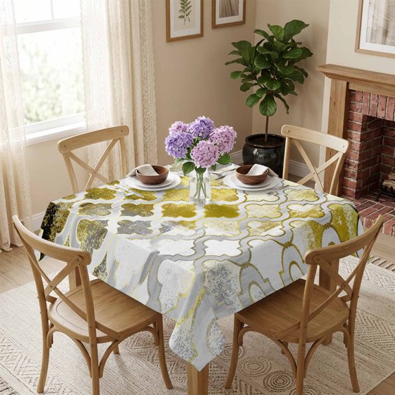 Vintage Moroccan Plaid Square Tablecloth 54x54 Inch Yellow Grey Waterproof Polyester Table Cover, Washable Stain Resistant Tablecloth for Dining Table Kitchen Wedding
