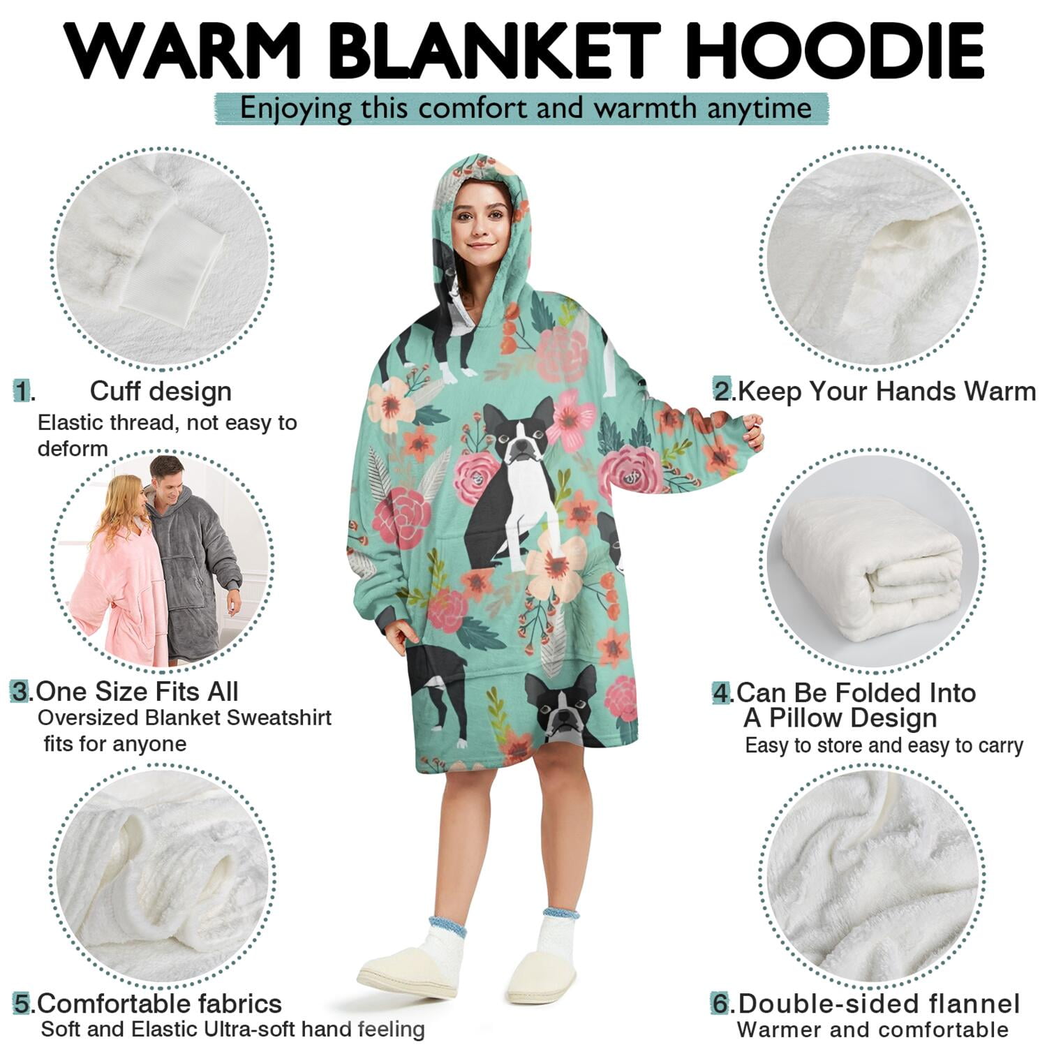Wearable Oversized Blanket,Boston Terrier Floral Flowers Wearable Blanket Hoodie for Adults,Cozy Hooded Blankets with Super Pockets,Super Warm Fuzzy Pullover for Women & Men
