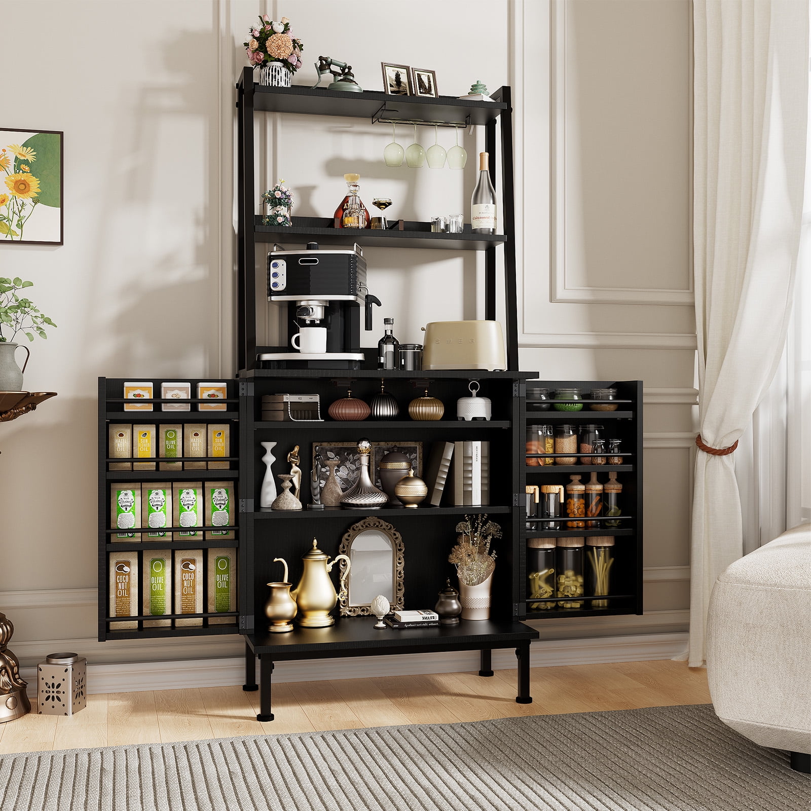 Casendy Kitchen Pantry with Microwave Stand and Storage Shelves, Farmhouse Kitchen Cupboard with Adjustable Shelves, Kitchen Buffet Cabinet with Door for Dining Room, Black