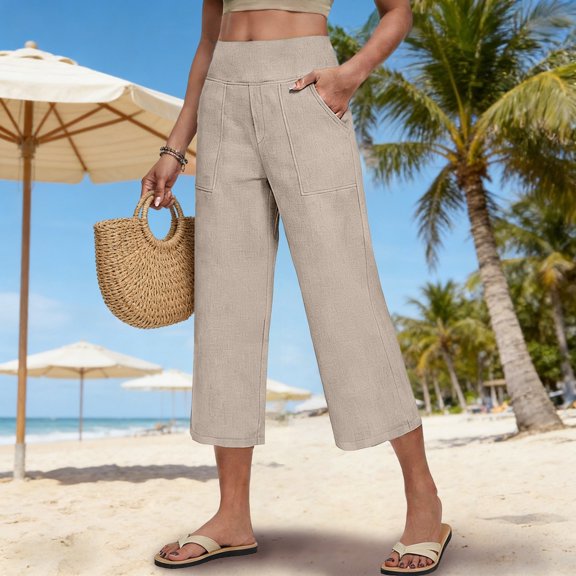 Women Wide Leg Pants High Waist Solid Three‑Quarter Cotton Linen Womens Sweatpants Beige