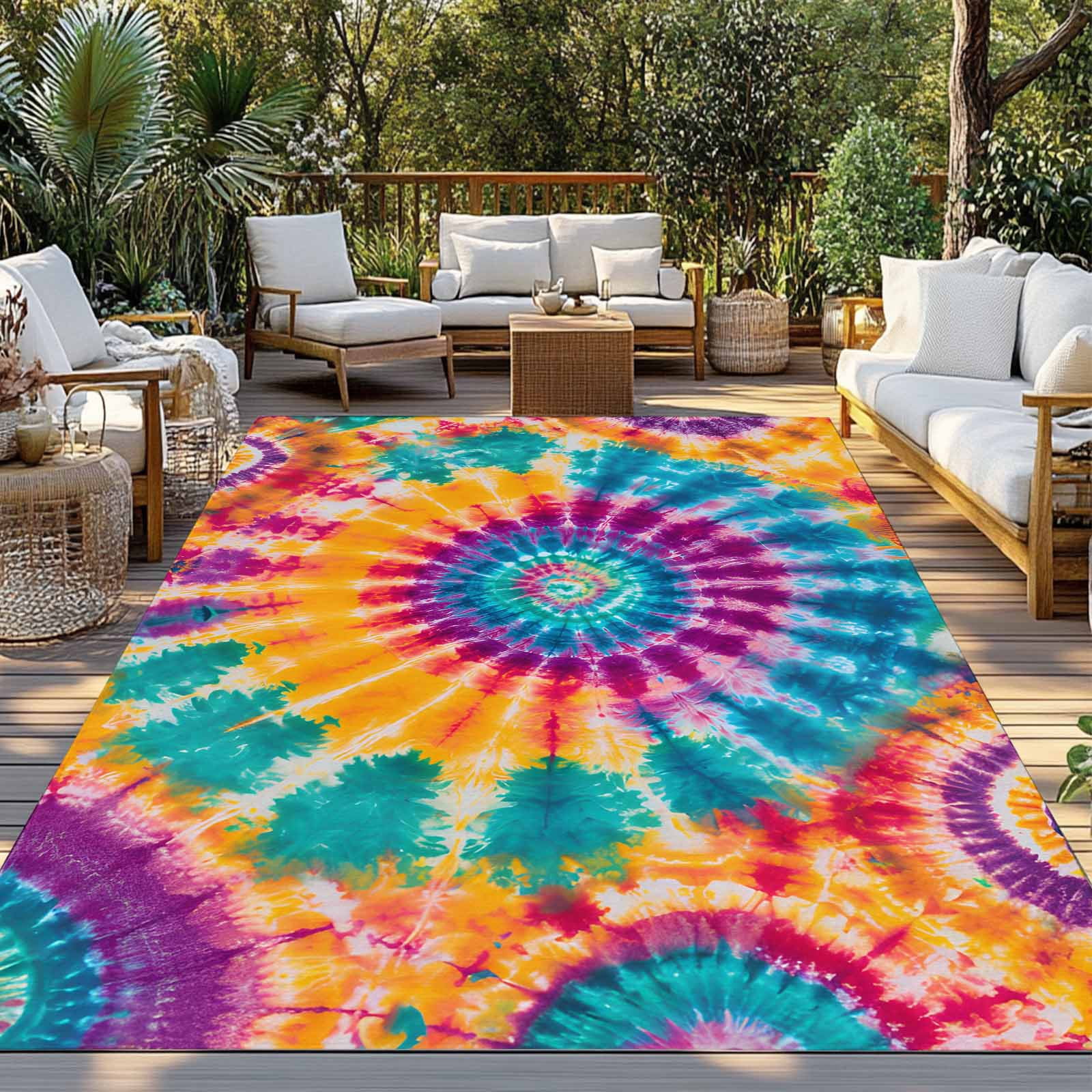 Outdoor Rug 5x8 ft Abstract Ethnic Tie Dye Waterproof Outdoor Patio Rug Mat Non Slip Outside Area Rugs Carpet for RV,Camping,Porch,Deck,Pool,Balconybackyard,Watercolor Colorful