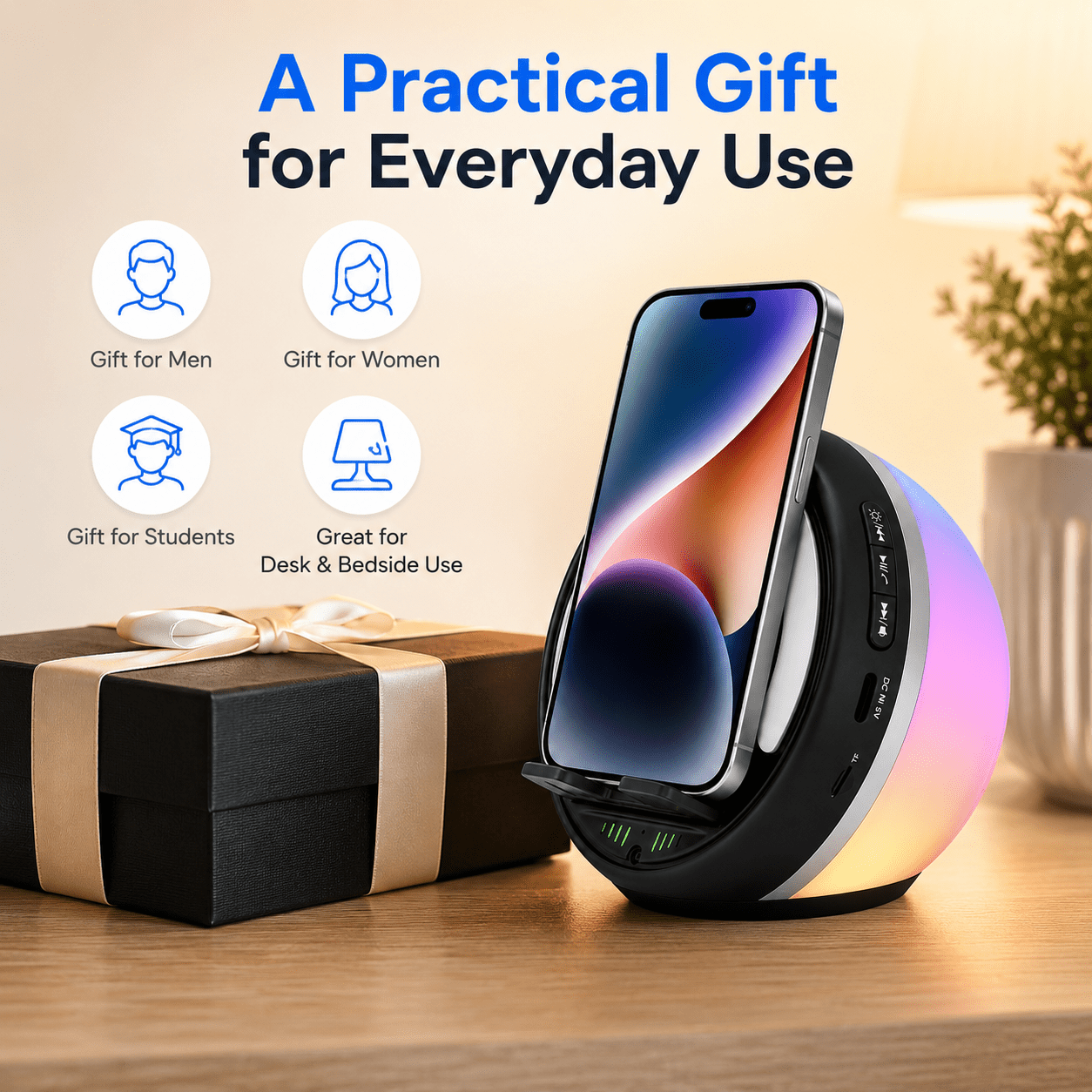 JDMEOPD 5-in-1 Induction Speaker Phone Stand with RGB Night Light, Rechargeable Bluetooth Desk Speaker, Gift for Men Women