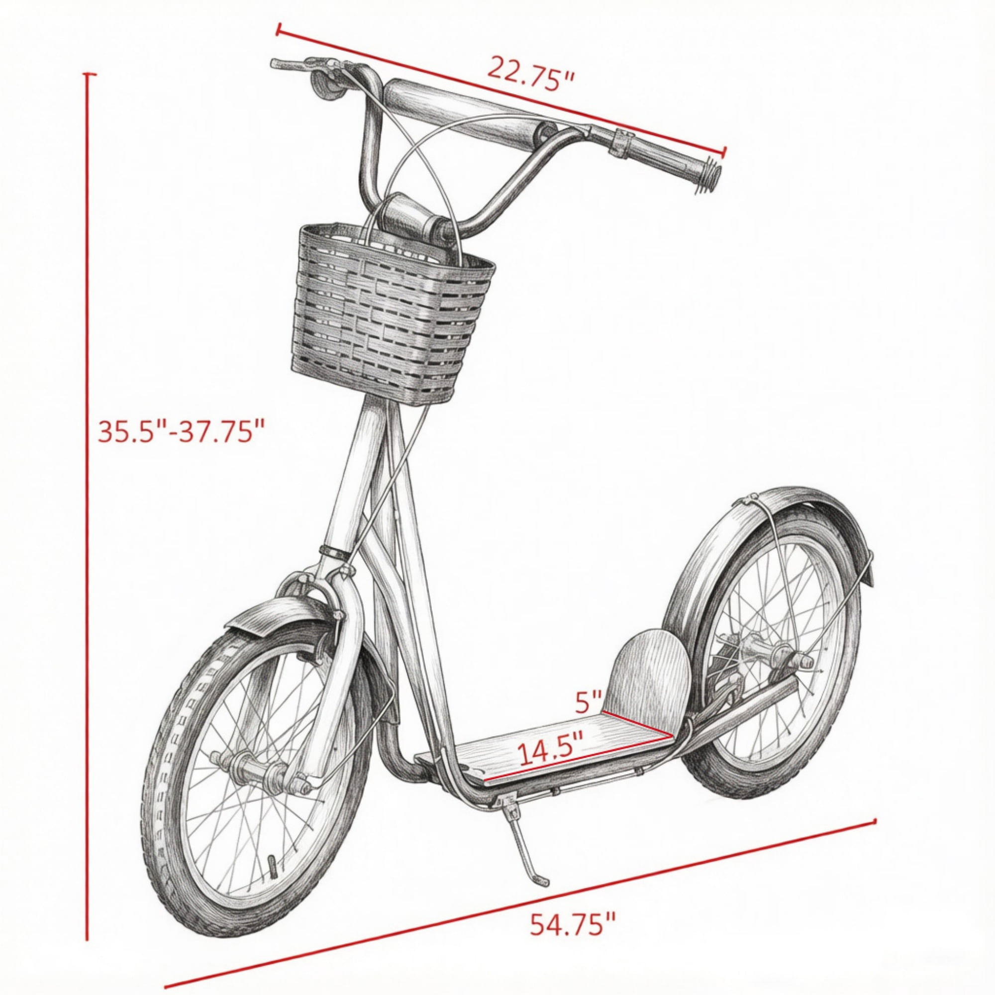 16" Inflatable Youth Scooter, Kick Scooter with Adjustable Handlebars, Double Brakes, Front Basket and Cupholder, Orange