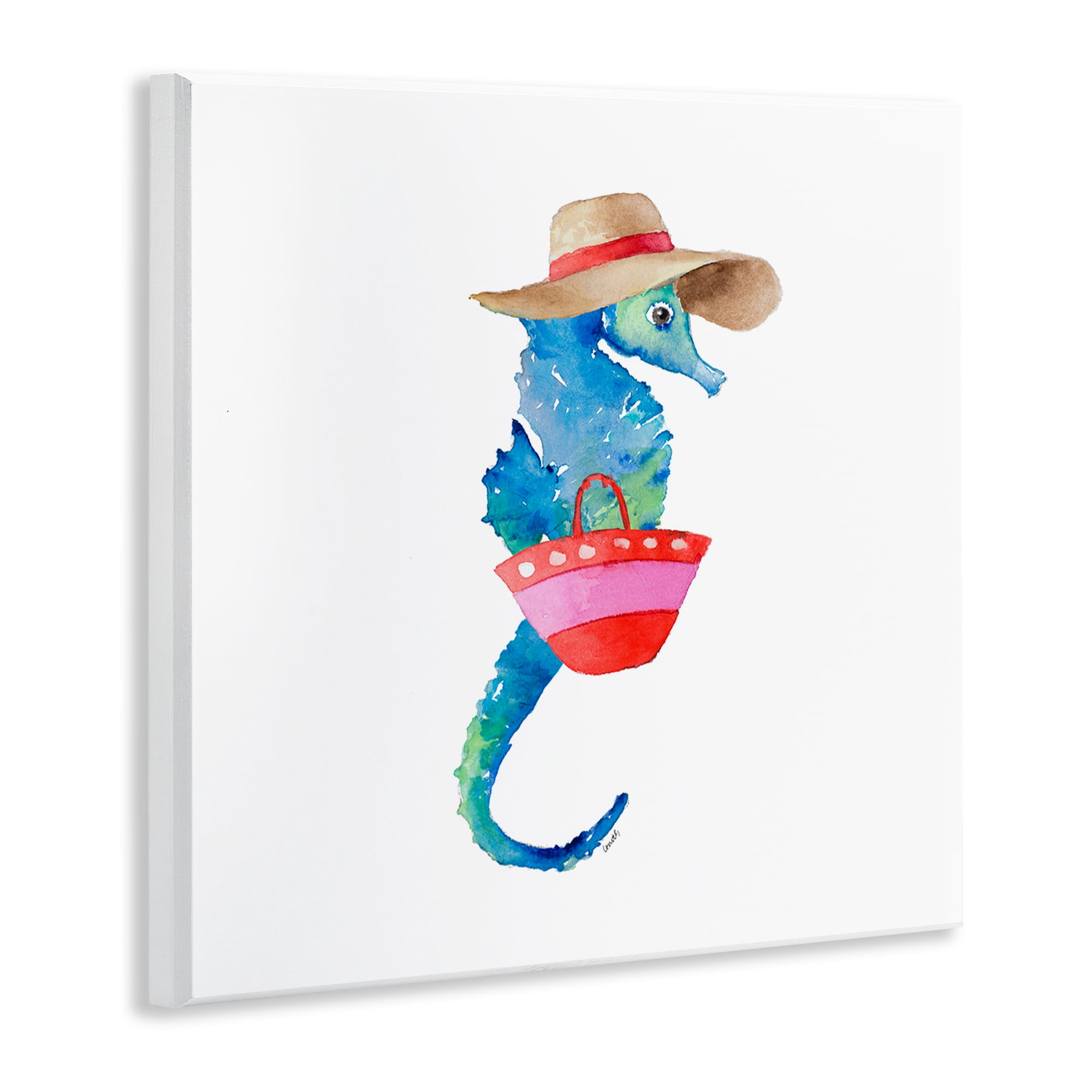 Stupell Industries Seahorse in Beach Hat Novelty Painting Unframed Art Print Wall Art, 12 x 12